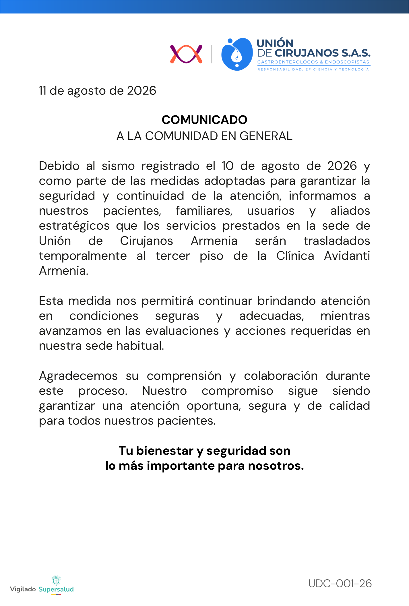 Comunicado - Cierre temporal Unión de Cirujanos Armenia